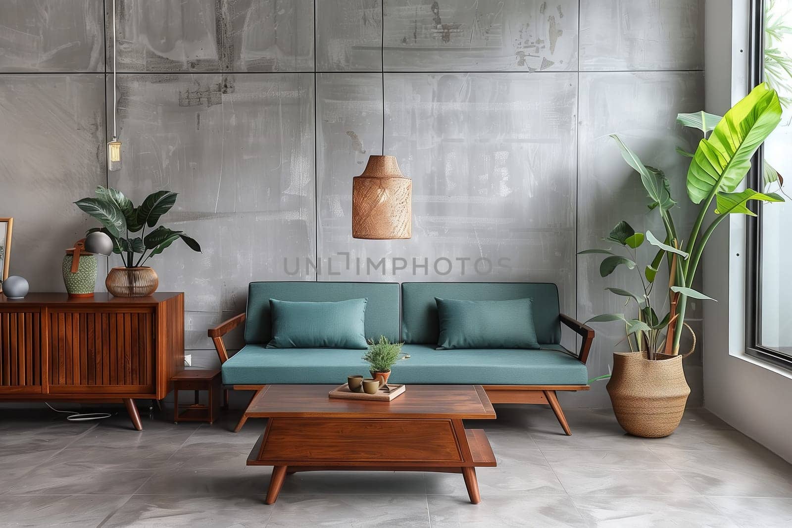 An interior design of a living room in a house showcasing a couch, coffee table, and plants in flowerpots. The furniture is made of wood with a flooring to match