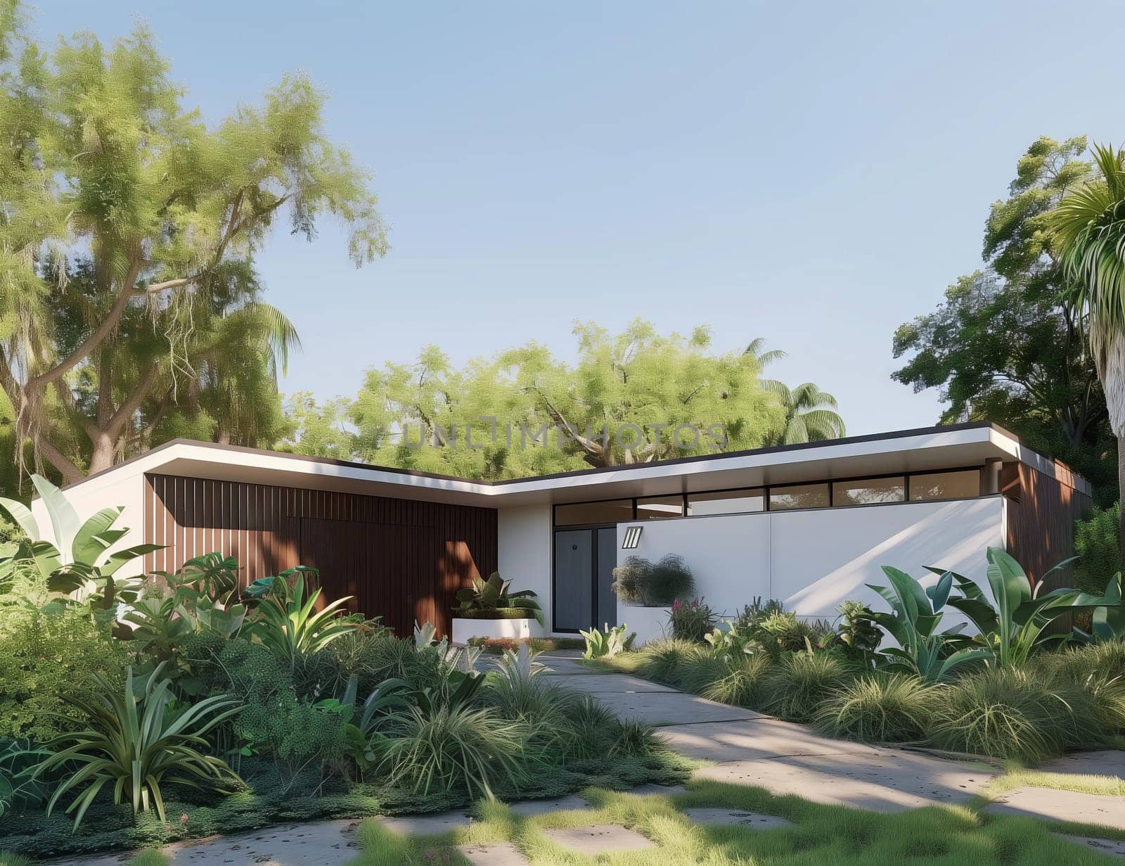 A contemporary house with an Lshaped roof is nestled amidst a lush landscape of trees and bushes, creating a serene and green oasis