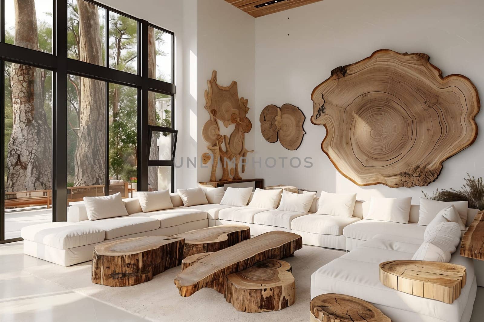 Inside a beautiful house, there is a living room with hardwood furniture, tableware on the table, art on the walls, and a large window overlooking a picturesque painting
