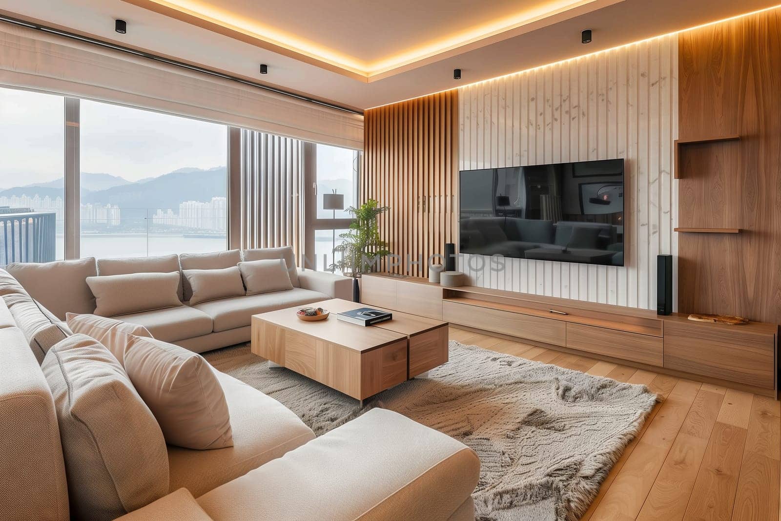 A cozy living room in a house with hardwood flooring, featuring a couch, coffee table, and television as key fixtures of the interior design
