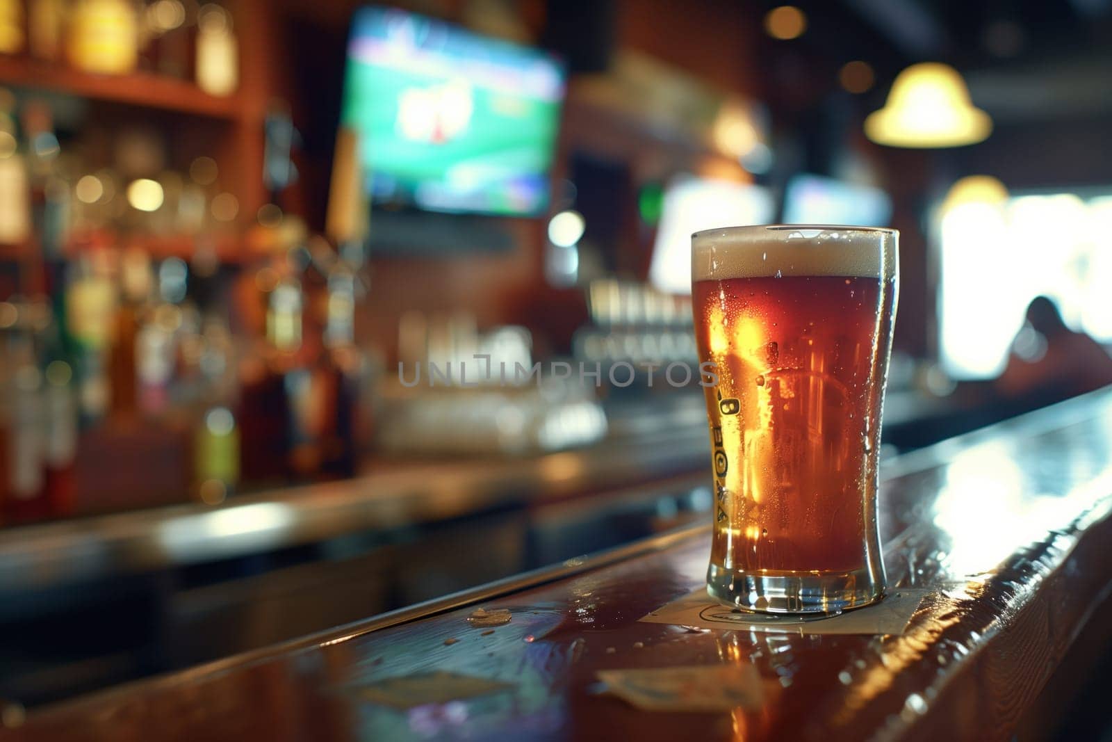 A beer glass filled with lager is resting on a bar counter in a drinking establishment. The drinkware contains the alcoholic beverage in a fluid state