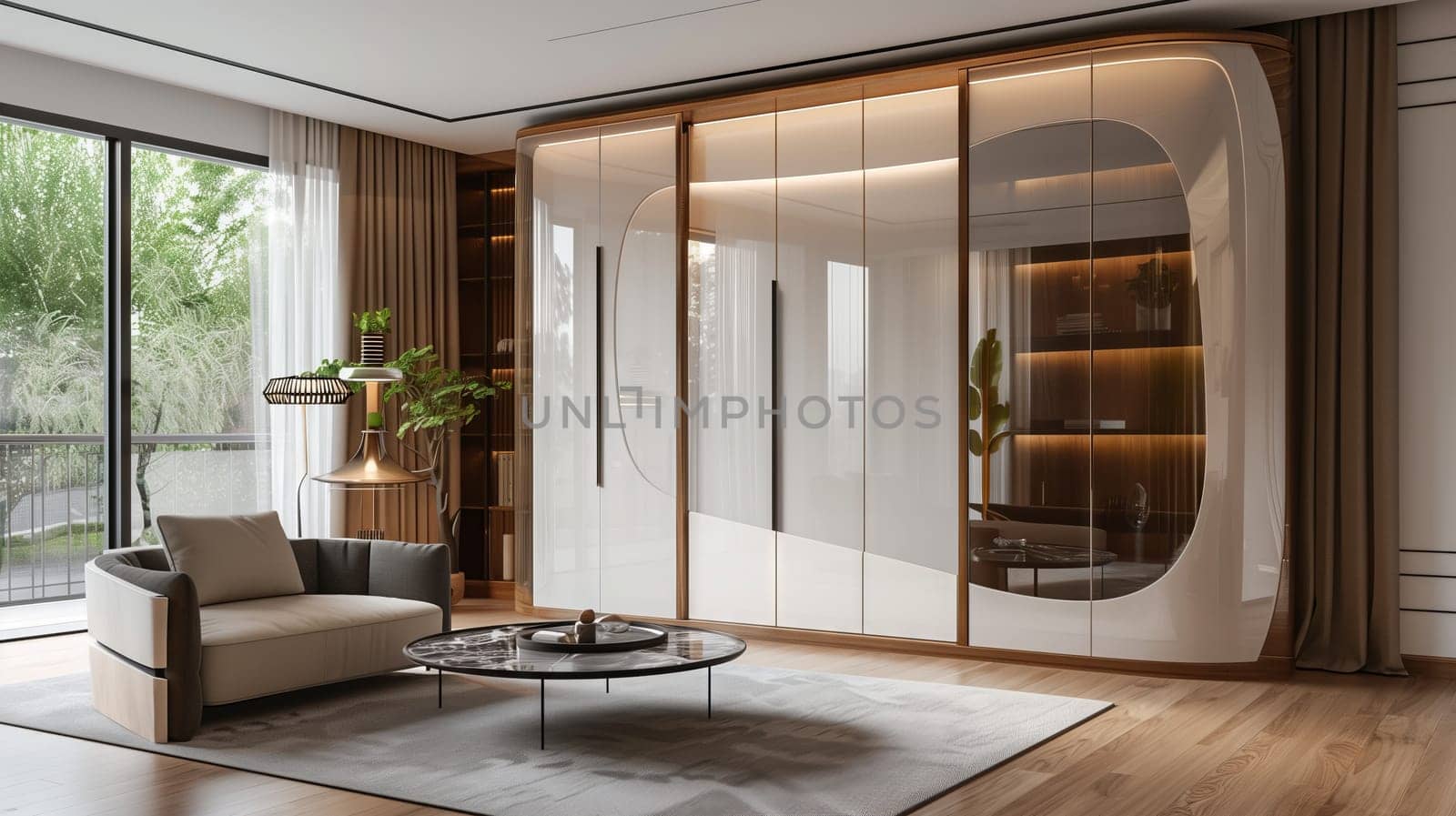 A comfortable living room in a house with a couch, coffee table, and wardrobes. The wooden flooring is complemented by plant fixtures near the window