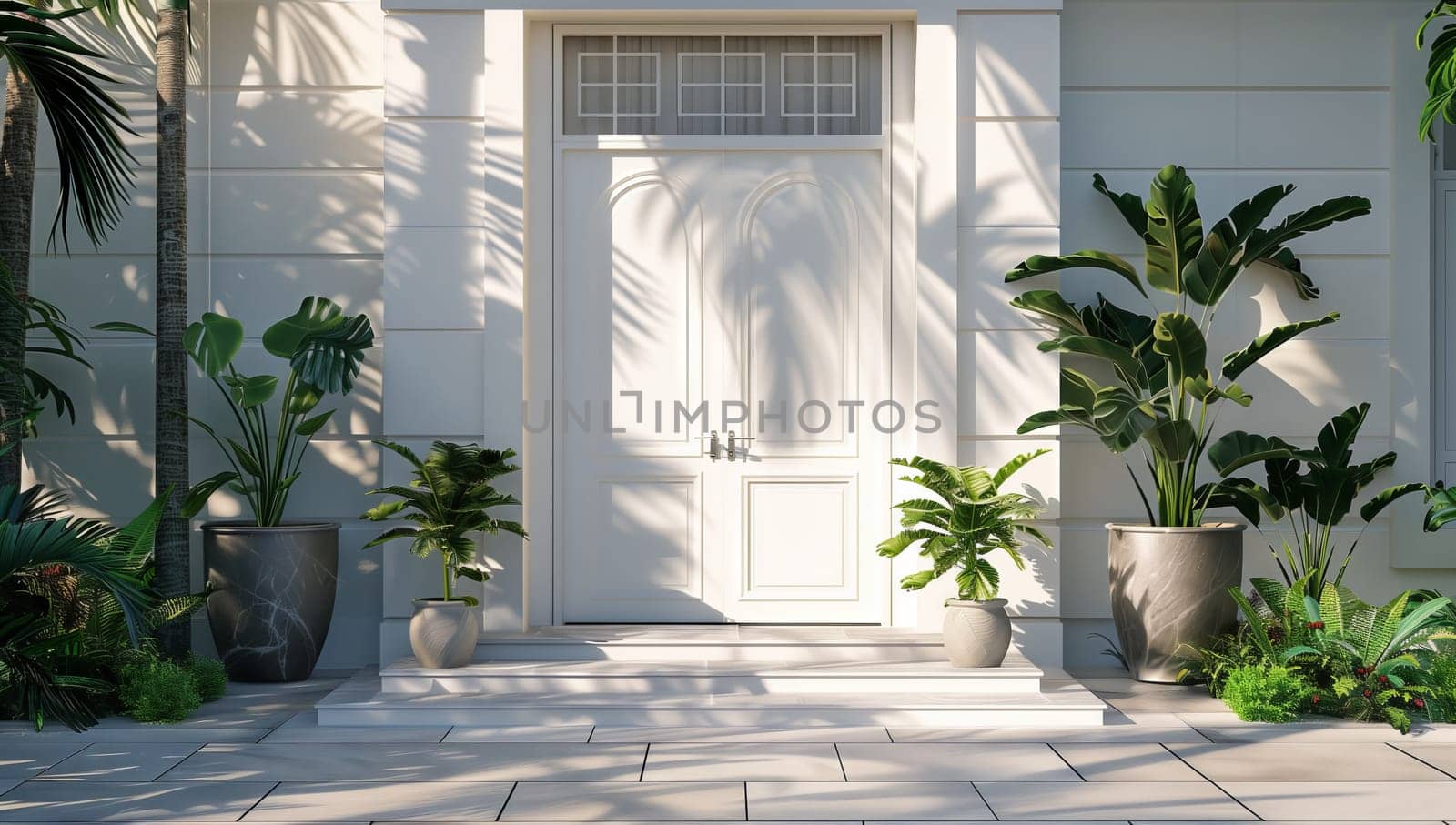 A white house door with potted plants placed in front of it, creating a welcoming and homey atmosphere with a touch of nature
