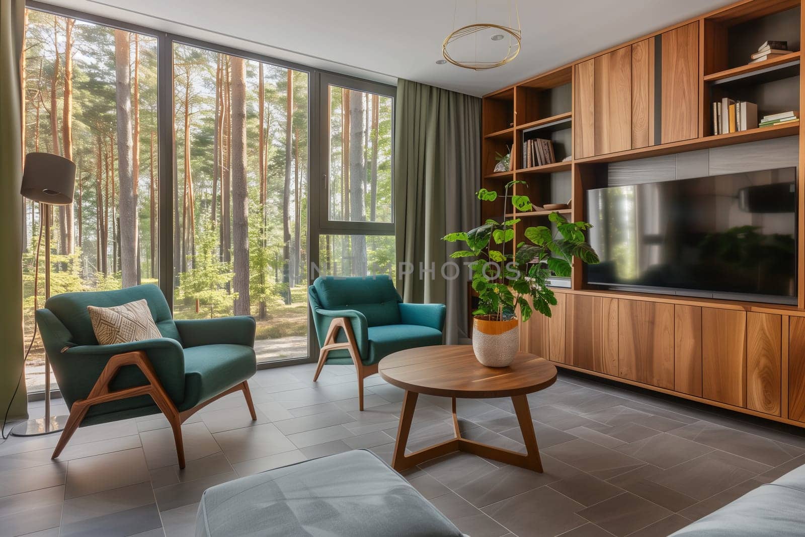 An interior design featuring a living room in a house with two chairs, a table, and a television as fixtures. The room also includes a plant, window, and flooring