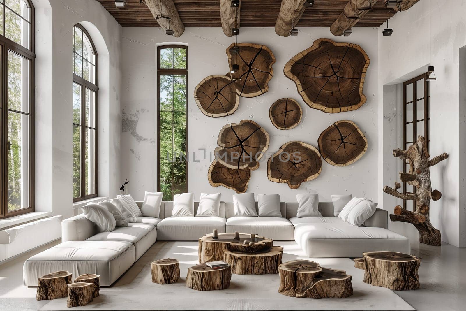 A stylish living room complete with a large sectional couch and wooden stump coffee tables. The interior design of the house is enhanced with plant decor and hardwood flooring