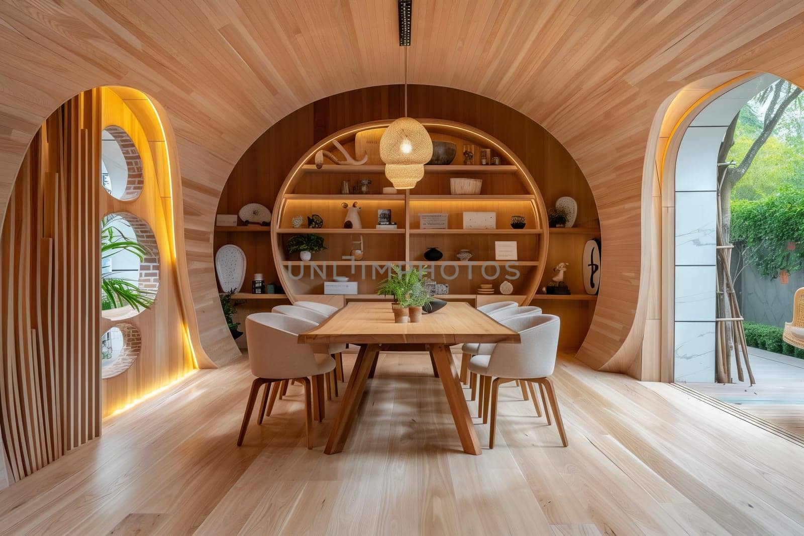 An interior design featuring a wooden dining room with a hardwood table and chairs, creating a warm and inviting atmosphere. The wood stain on the furniture complements the flooring beautifully