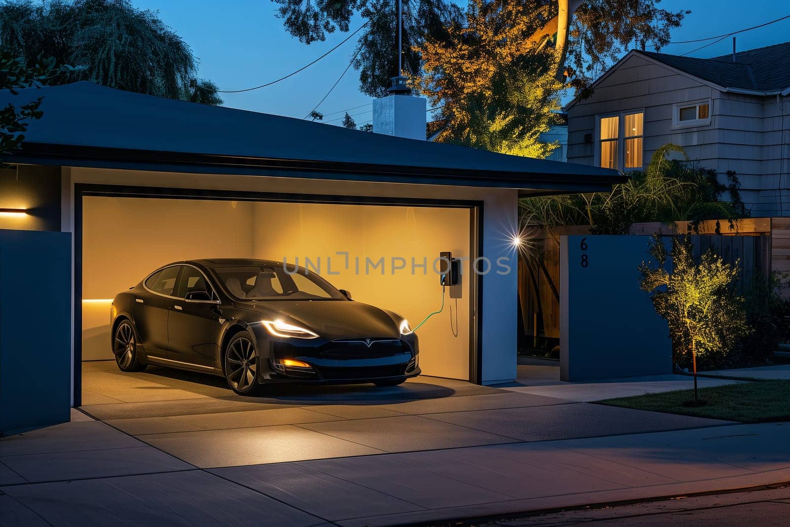 A Tesla Model S with its wheels securely parked in a garage at night, resting safely next to the buildings fixture and surrounded by other vehicles and automotive tires
