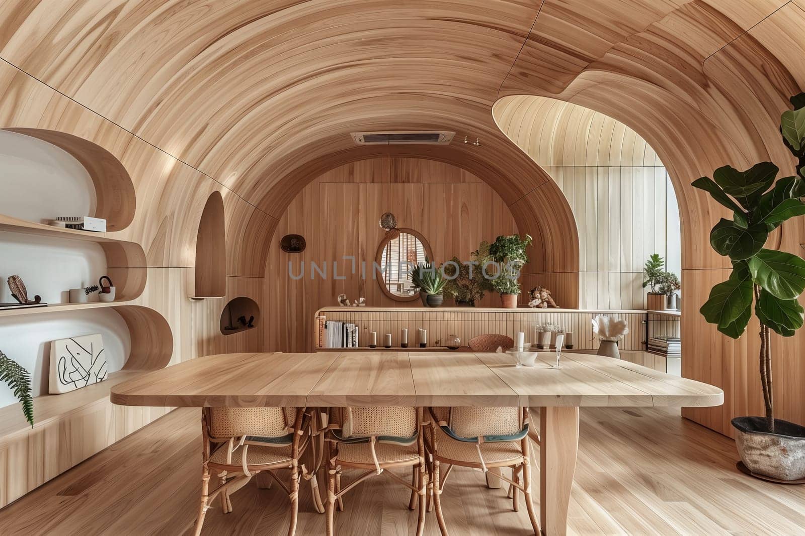 A dining room made of wood with a sturdy wooden table and chairs. The hardwood floor complements the furniture, creating a warm and inviting atmosphere in the house