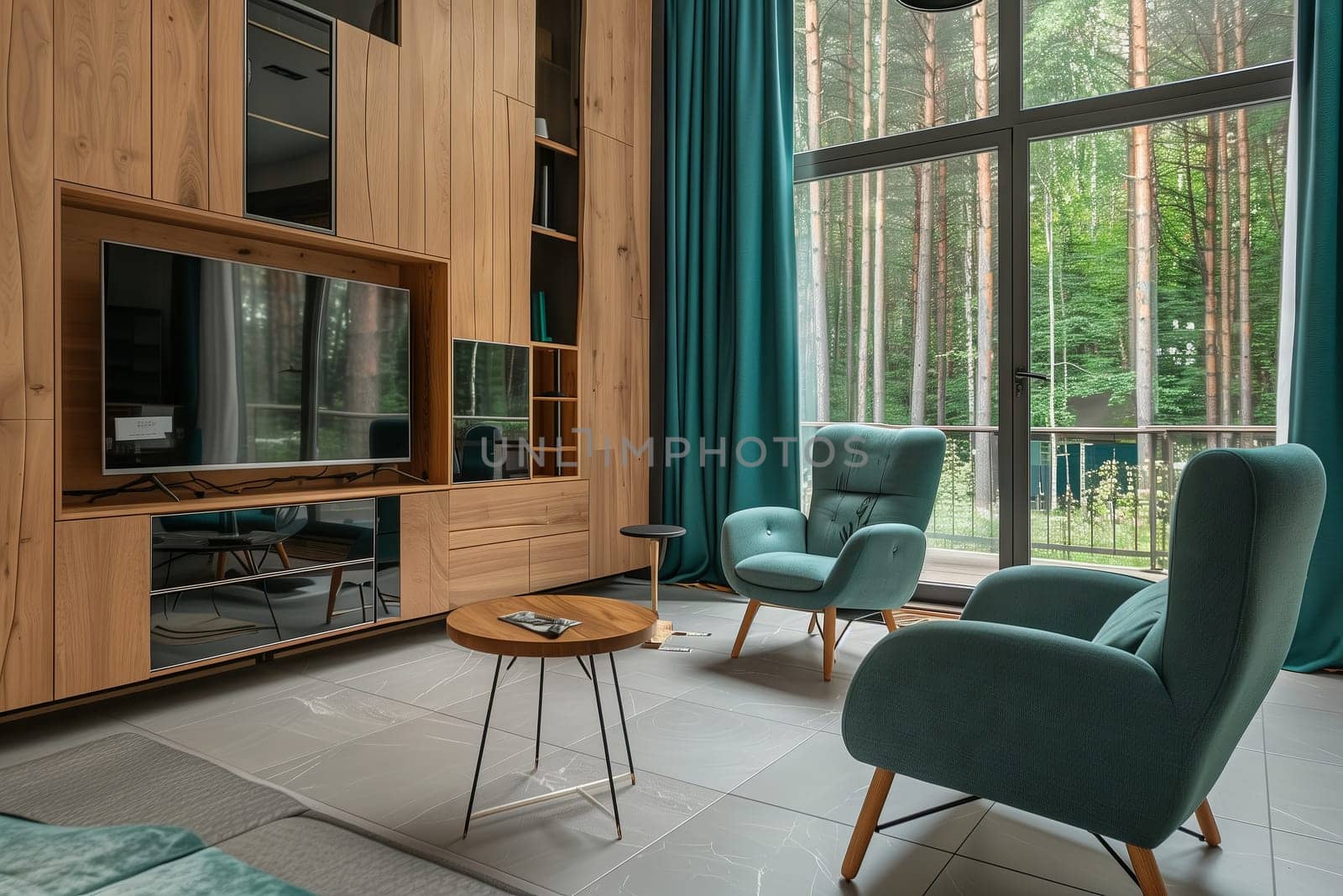 Living room with chairs, table, TV, in a house with wood flooring by richwolf