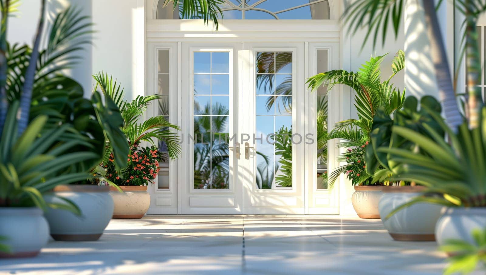 A white house adorned with numerous potted plants in front, adding a touch of nature to the buildings exterior design