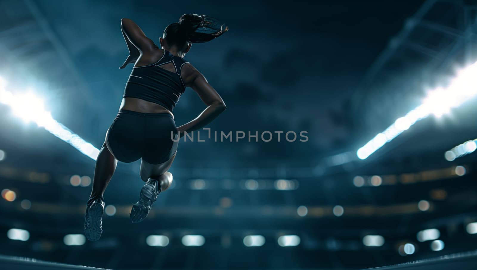 A woman in shorts is dancing in the sky at a competition event in the stadium. Her thighs are high in the air like clouds against the darkness