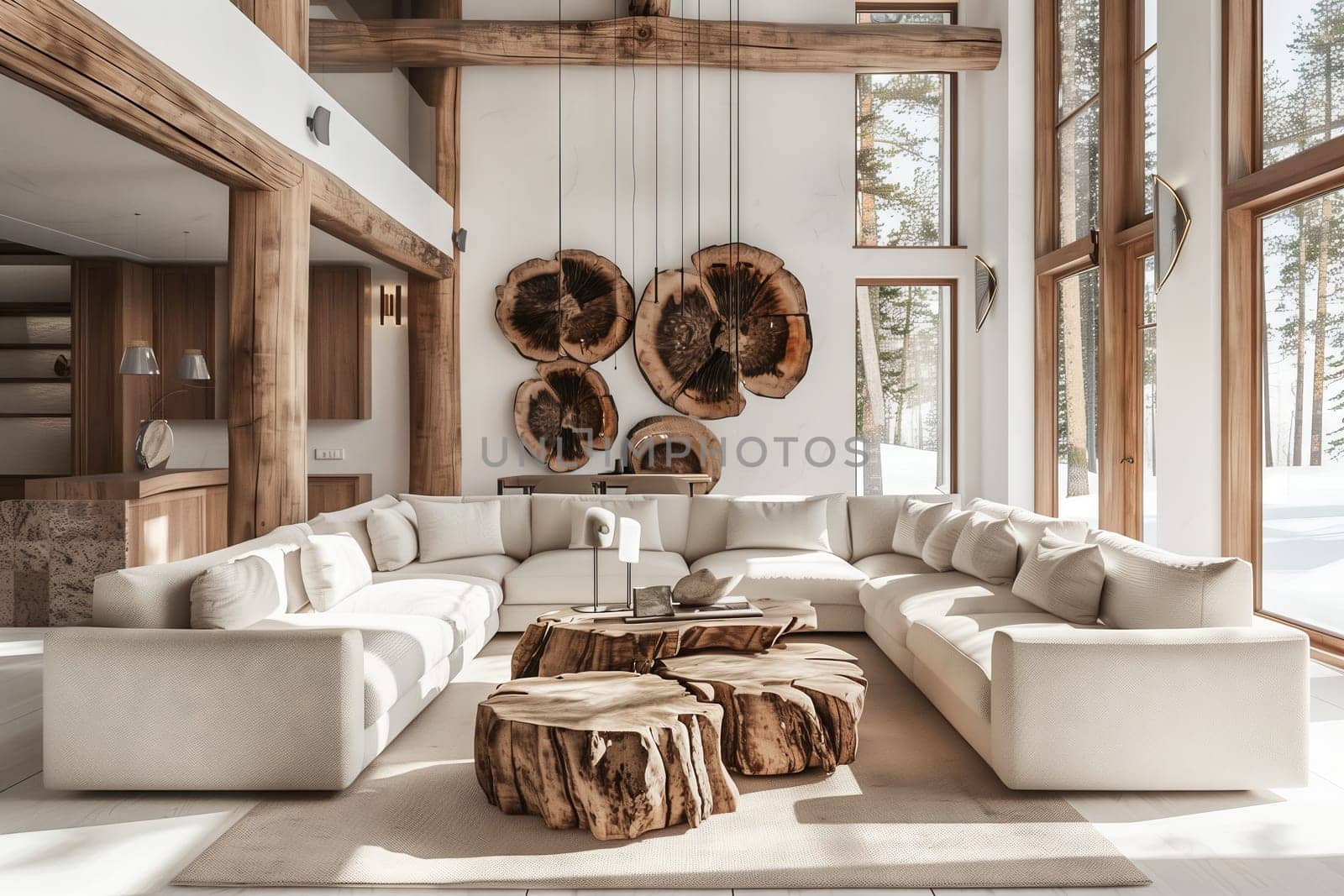 The living room in the house is filled with furniture, including a wooden table and a couch. The flooring is made of hardwood, creating a warm and inviting space