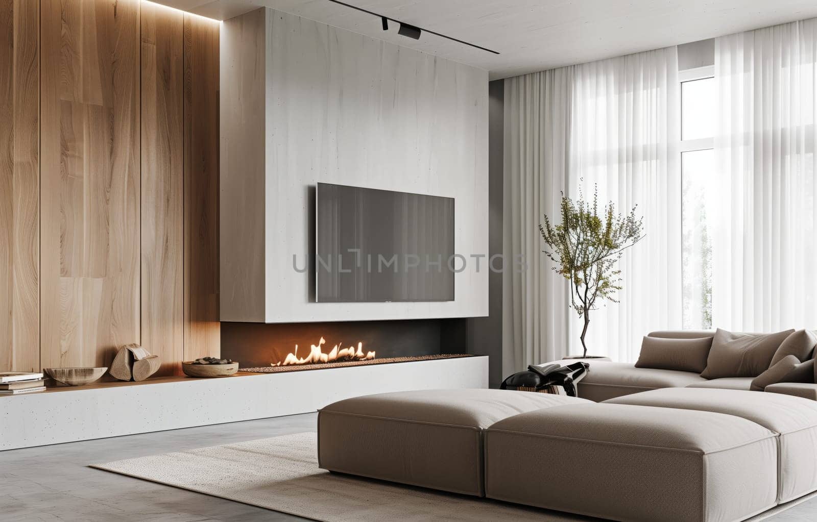 A cozy living room in a house with a fireplace, couch, ottoman, and television. The wood flooring and interior design create a warm and inviting space