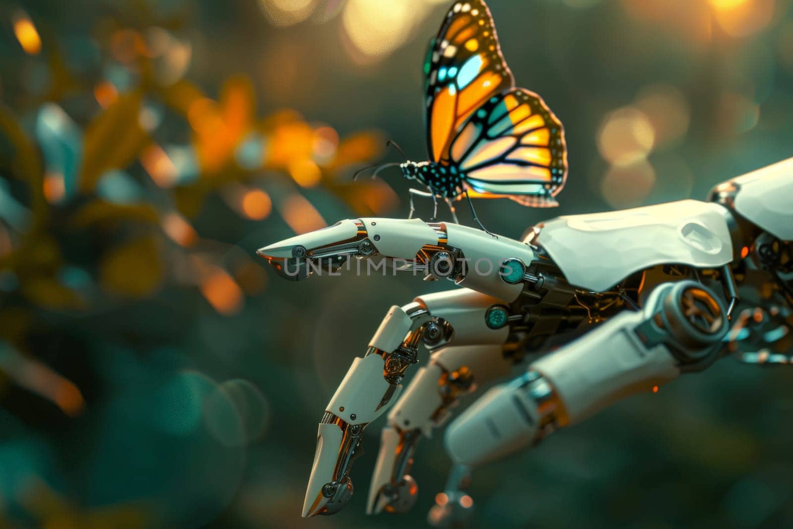 a butterfly posing on top of a android hand finger, concept of nature and futuristic technology by nijieimu