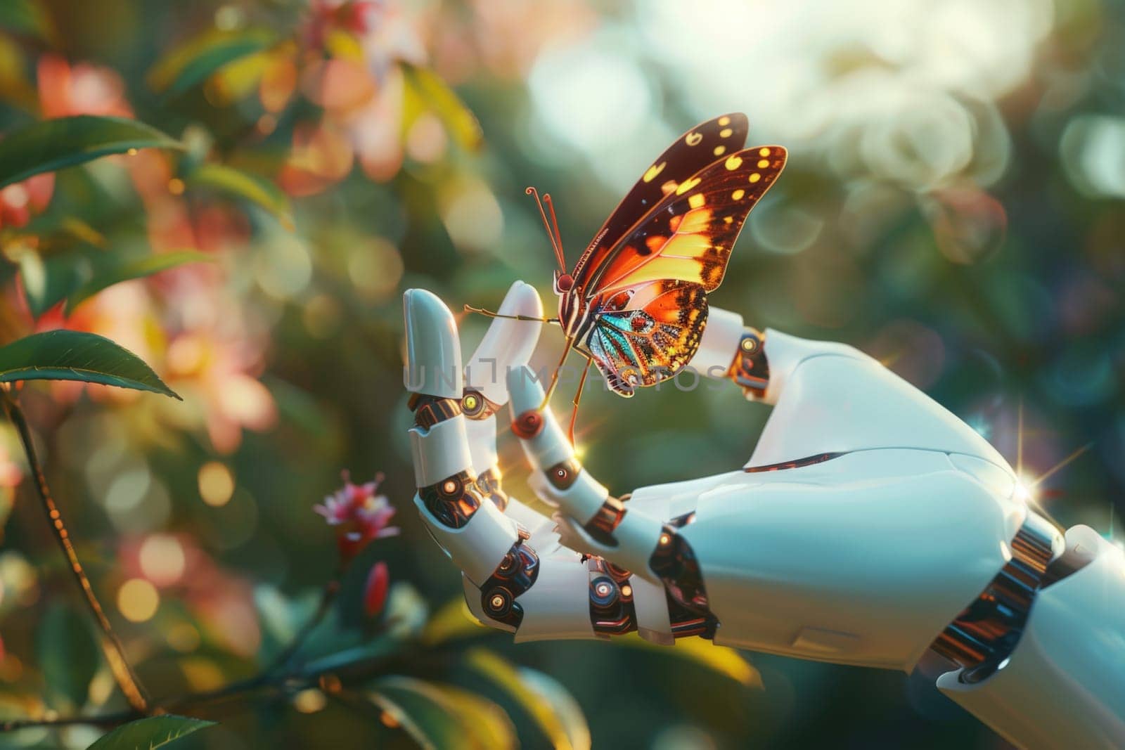 a butterfly posing on top of a android hand finger, concept of nature and futuristic technology by nijieimu