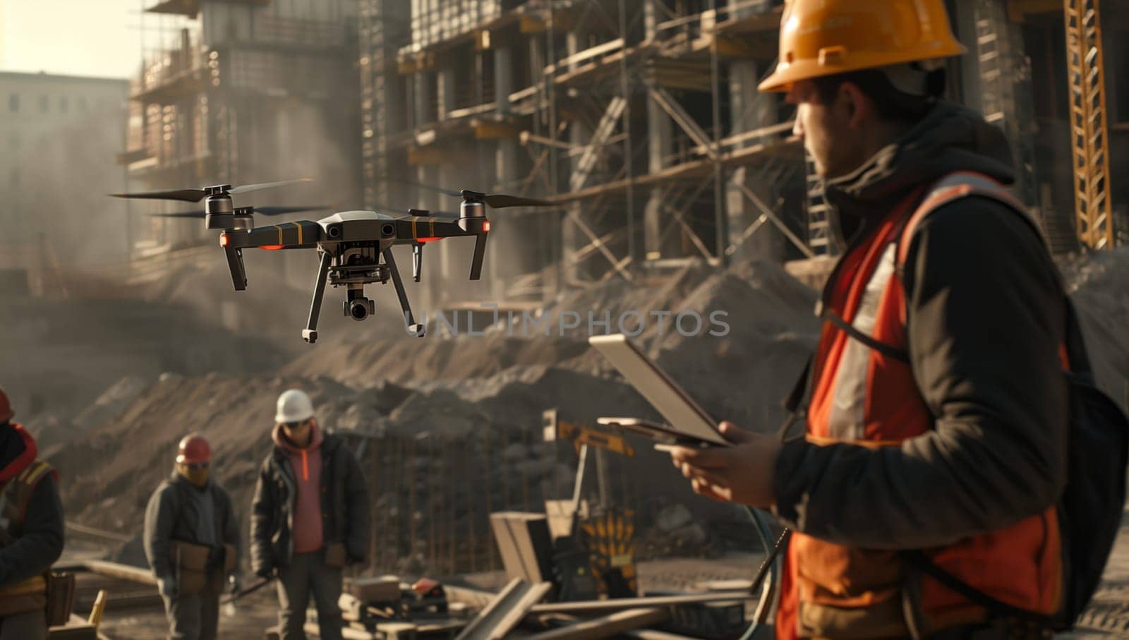 An engineer is utilizing a drone at a construction site while wearing personal protective equipment such as a hard hat and workwear made of composite materials