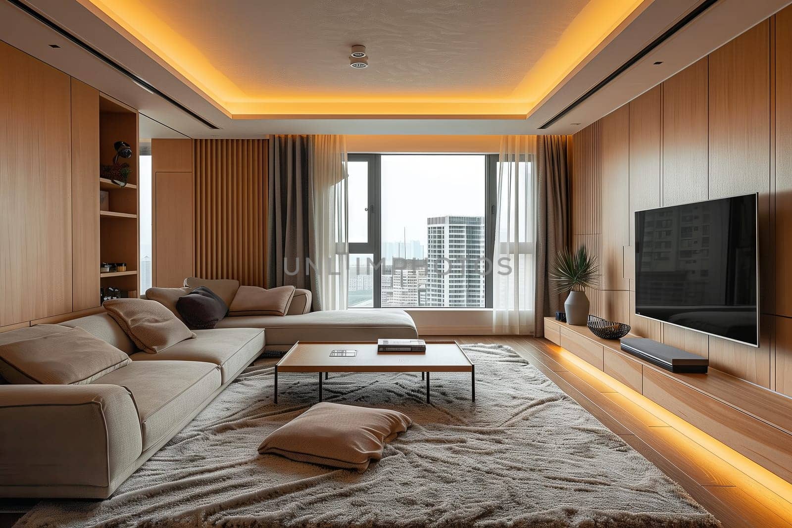 An interiordesigned living room in a property with wooden furniture, flooring, and a flatscreen TV as a fixture. Perfect for real estate showcasing