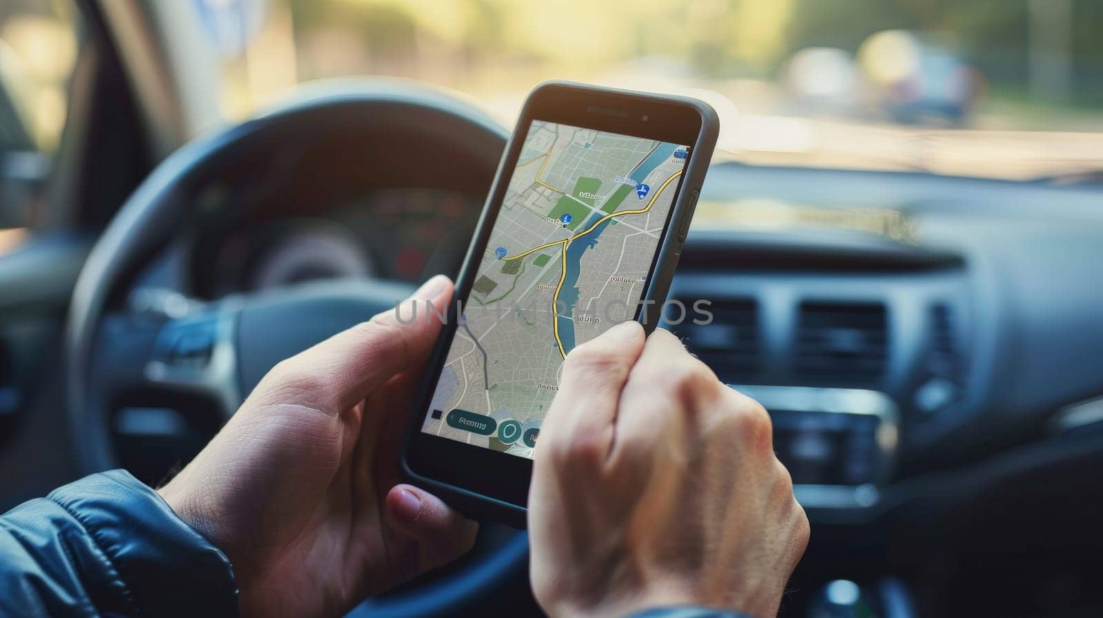 Driver using GPS navigation in mobile phone while driving car, Mobile phone with GPS navigation by nijieimu
