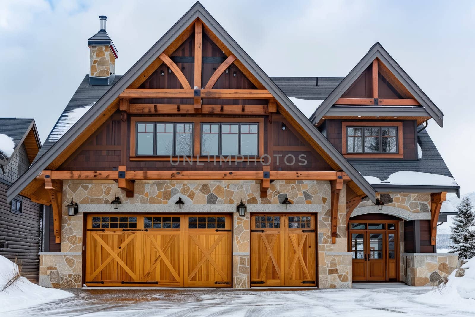 A wooden garage door is a distinctive fixture of the large building in the snowcovered landscape, blending with the facade and roof of the house