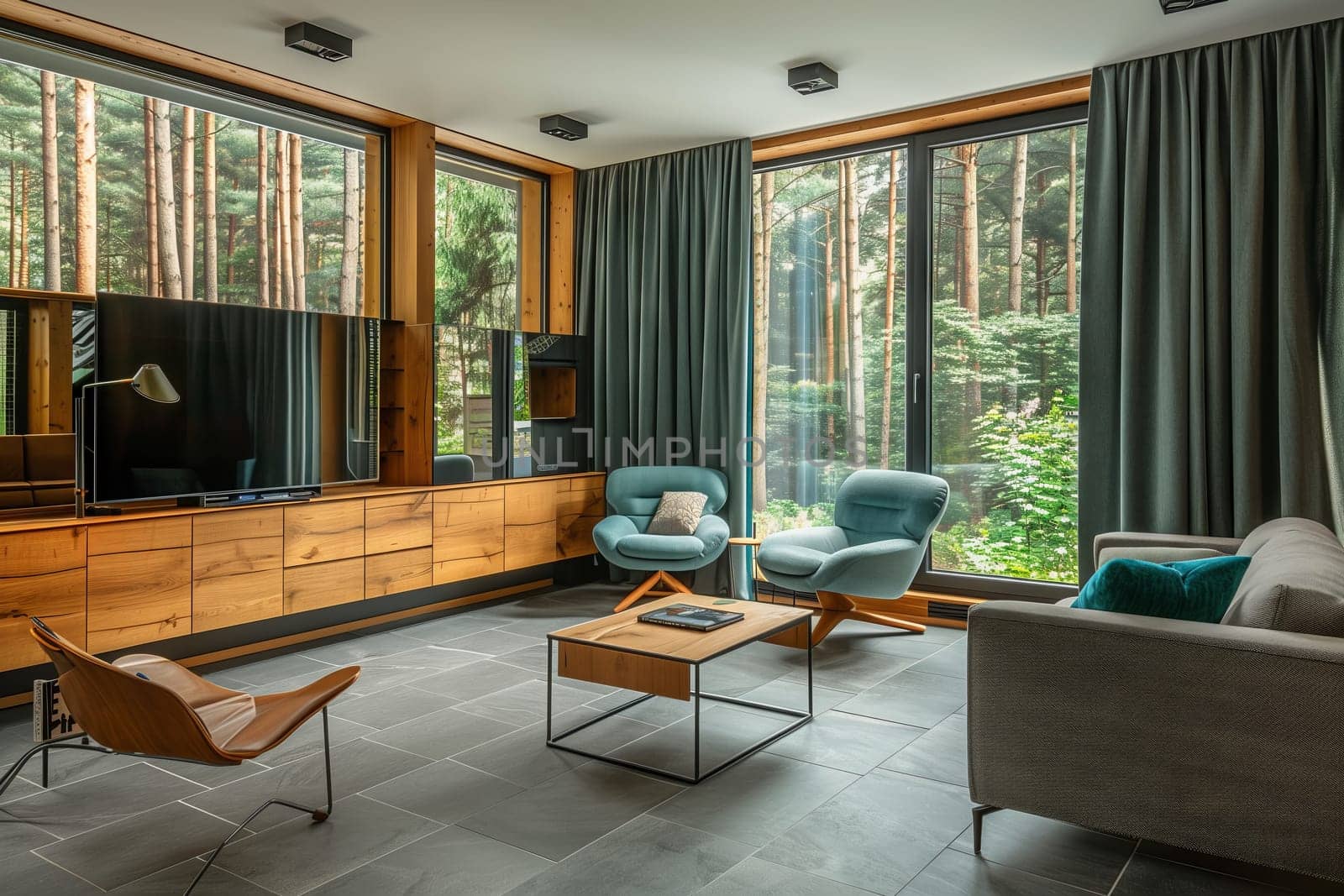 A living room in a house with a couch, chairs, coffee table, and television. The interior design includes curtains, fixtures, and flooring, perfect for leisure time
