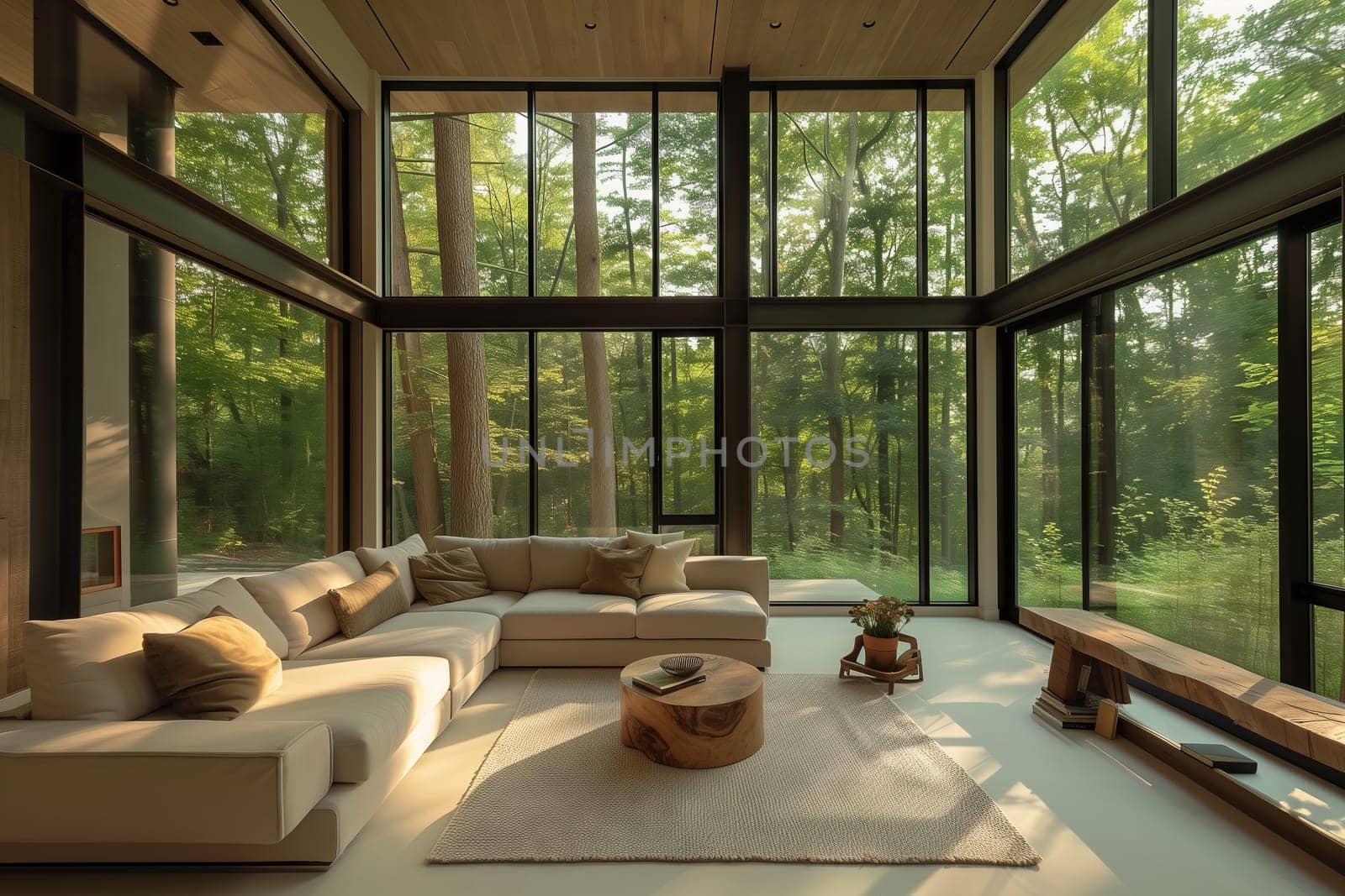 A living room in a building with plenty of windows, a cozy couch, and a plant creating a natural touch in the interior design