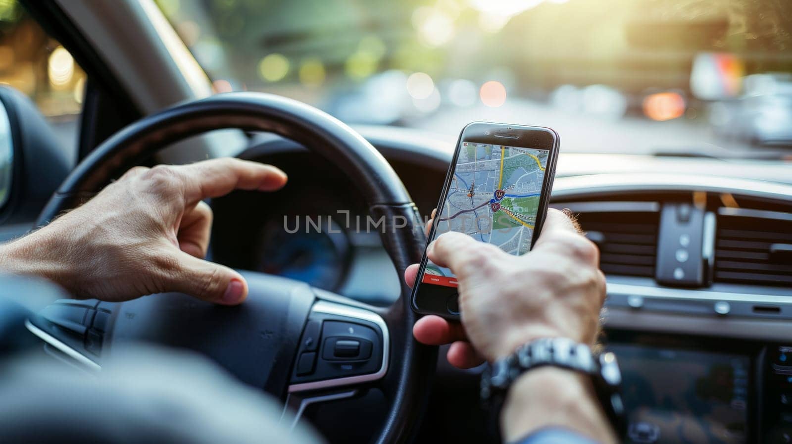 Driver using GPS navigation in mobile phone while driving car, Mobile phone with GPS navigation.