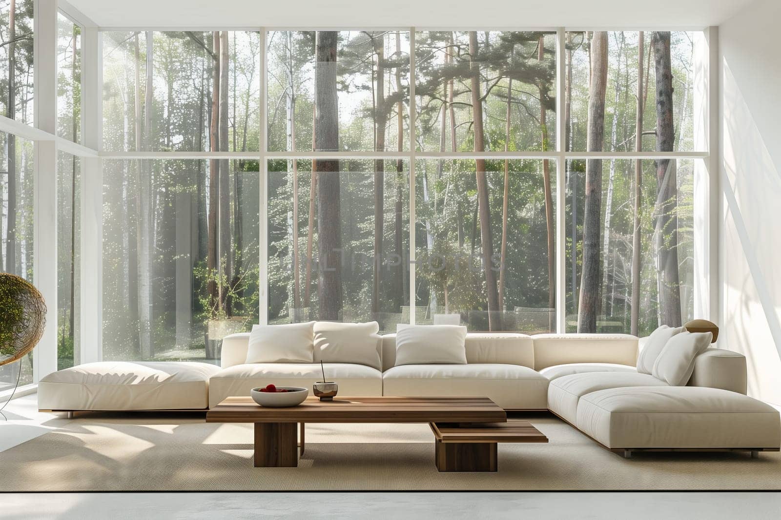 A spacious living room in a house with a large sectional couch and a coffee table. The room features wood flooring, a window with a view of trees, and stylish interior design