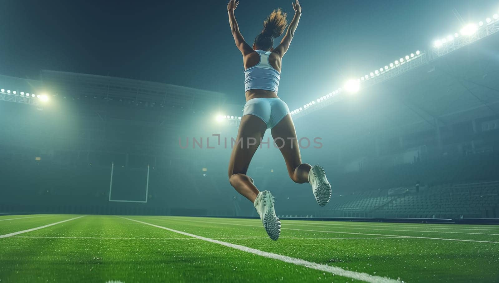 A female soccer player is leaping on the grassy field, showcasing her skills and dedication to the sport in a competitive event