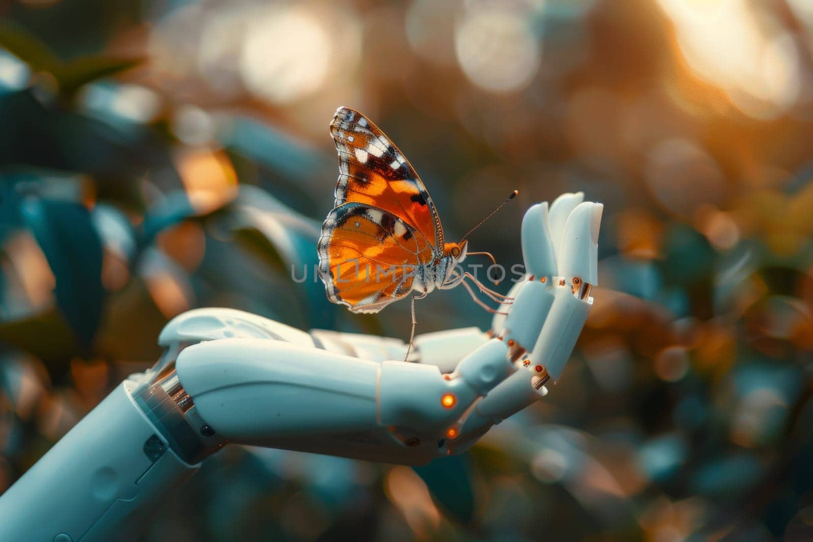 a butterfly posing on top of a android hand finger, concept of nature and futuristic technology by nijieimu