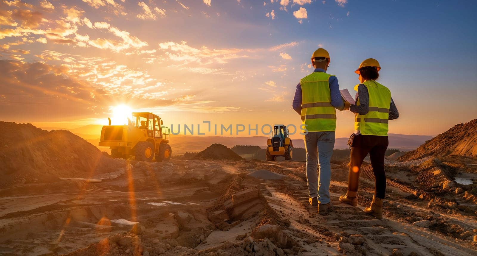 Two construction workers are standing on an asphalt road, surrounded by a stunning landscape of grassland and a vibrant sky at sunset