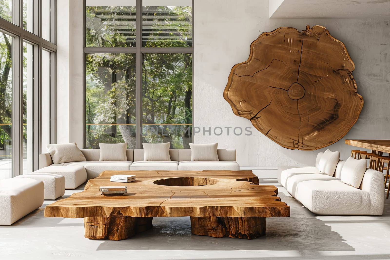 A living room in a property with hardwood floors and a large wooden table, complemented by a large wooden clock hanging on the wall. Interior design at its finest