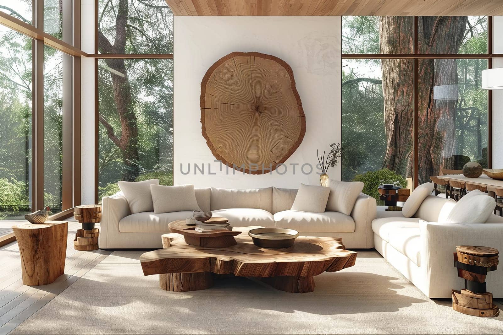 An interior design of a living room in a building with hardwood flooring, showcasing a cozy couch, a coffee table, and large windows providing ample natural light and shade