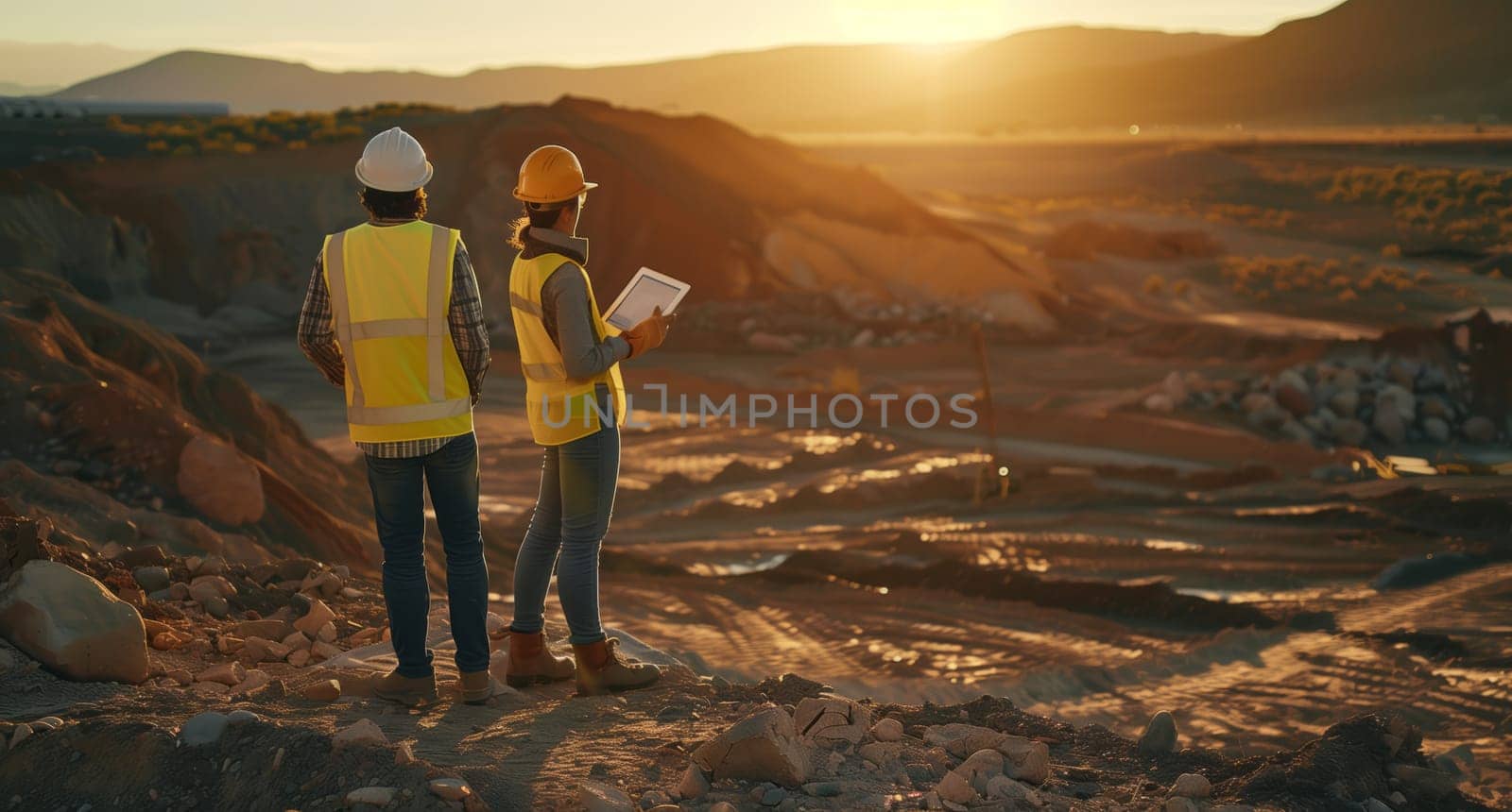 Two construction workers standing on a dirt hill, gazing at a tablet against a backdrop of the sky and mountains, happy in the natural landscape