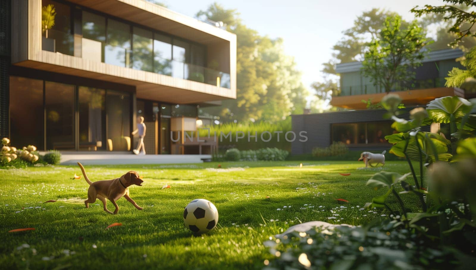 A dog of an unspecified breed is enjoying leisure time in a backyard, playing with a soccer ball among lush green grass, trees, and a nearby house