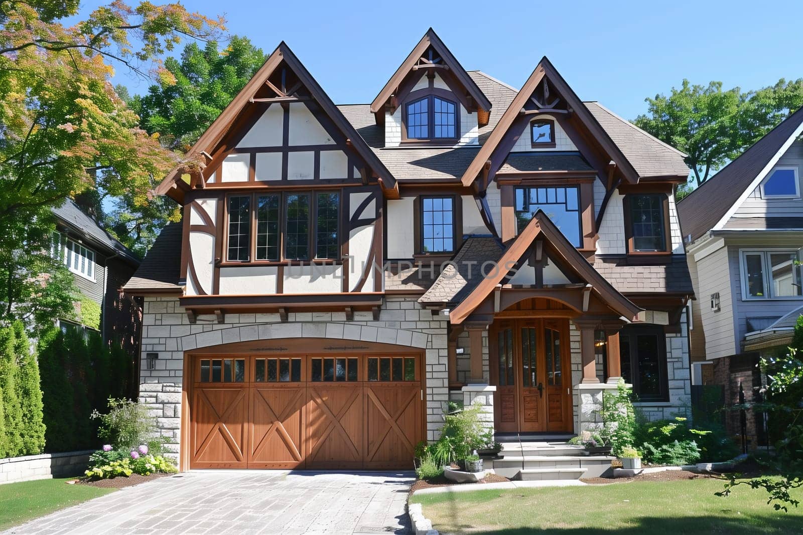 A spacious property with a wooden garage door in a residential neighborhood, surrounded by trees and grass, under a clear sky