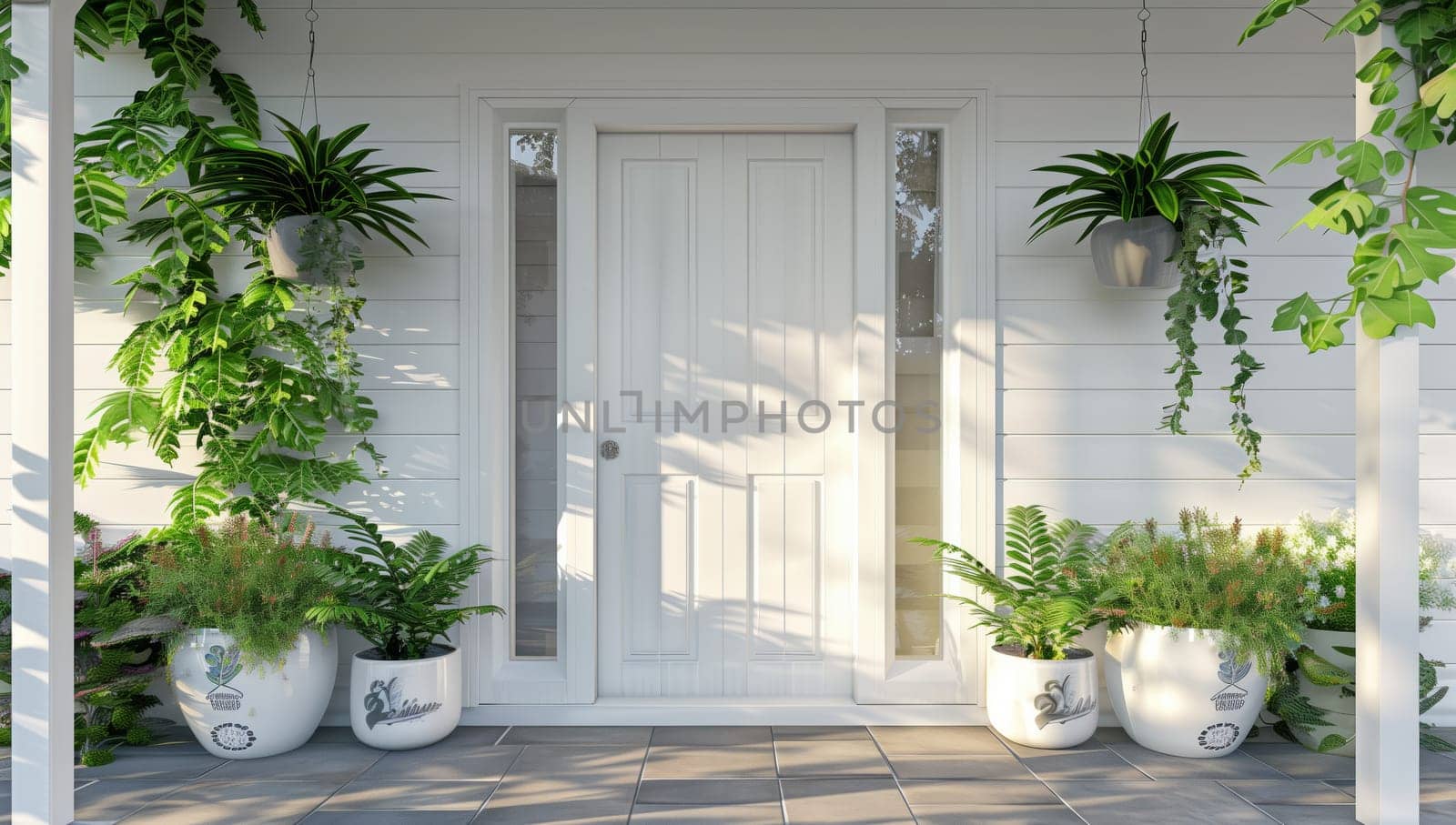 A potted plant sits in front of a white front door, adding charm and character to the building. The lush greenery brings life to the entrance of the house