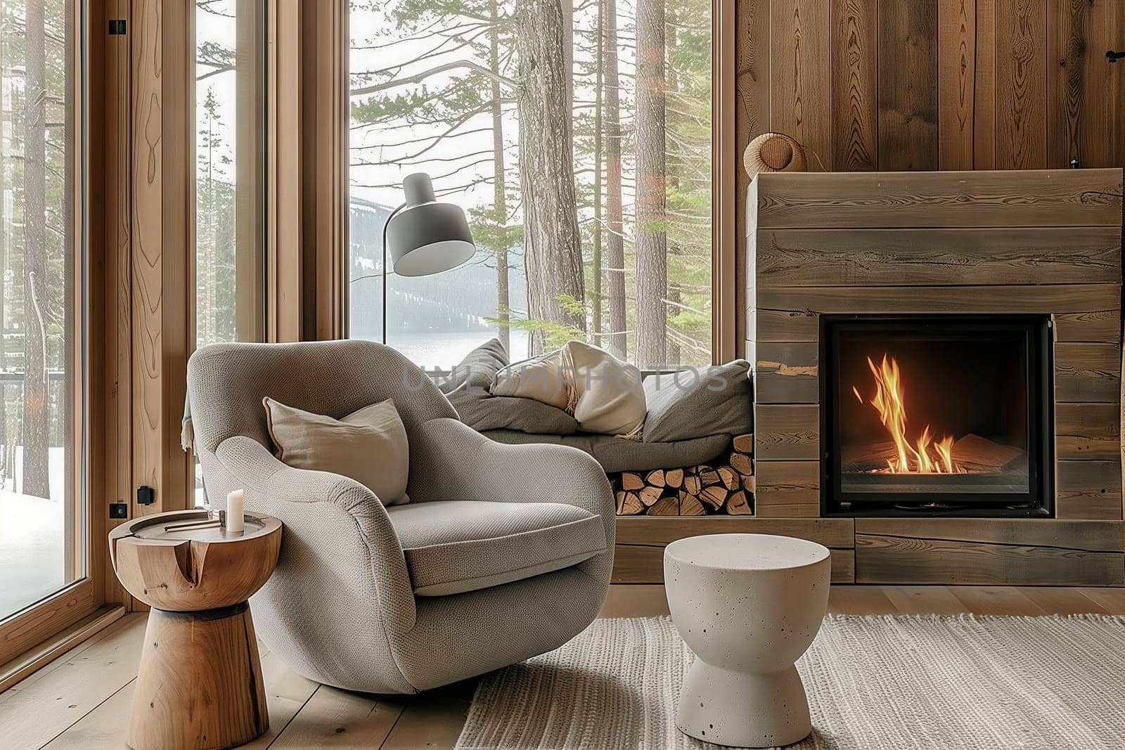 A living room with a fireplace and a chair, showcasing beautiful interior design with wooden flooring and a large window