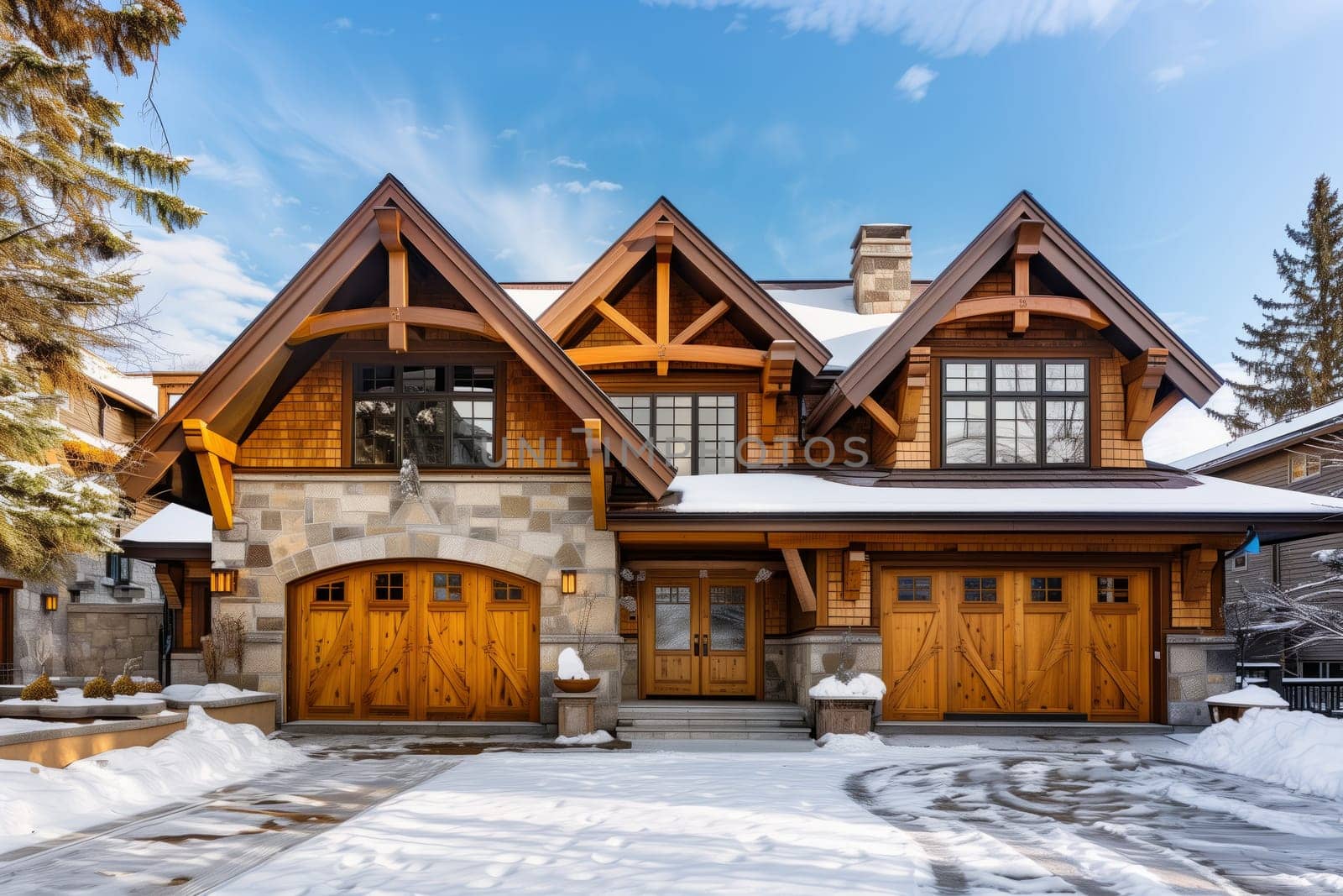 The sky is overcast with clouds as snow blankets a large house with wooden garage doors. The building stands in a residential area with trees and windows adorned with frost