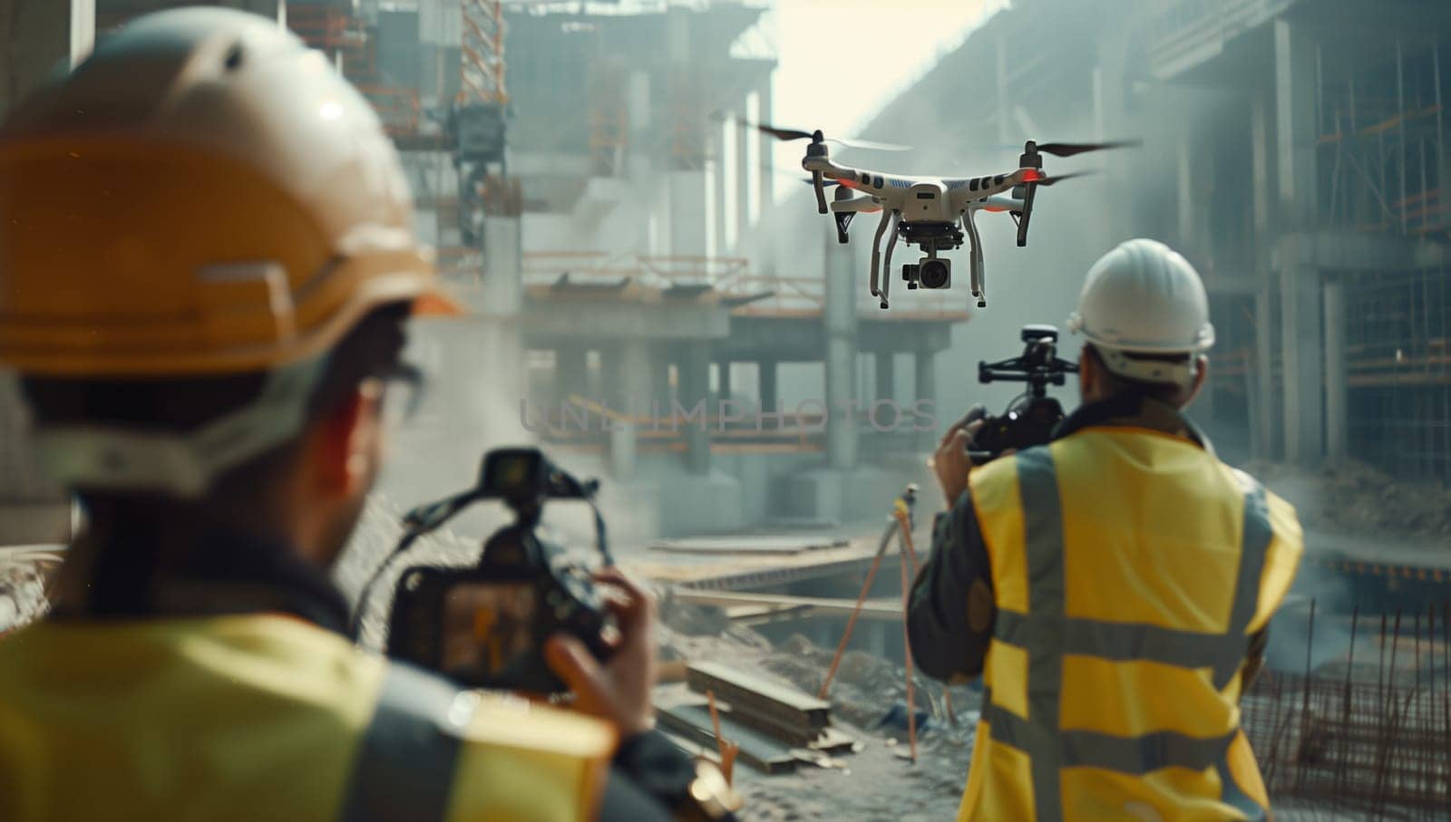 A man is capturing an engineering event with a drone flying over a construction site. He is wearing personal protective equipment, including a helmet, near a water vehicle. The machine is on the job