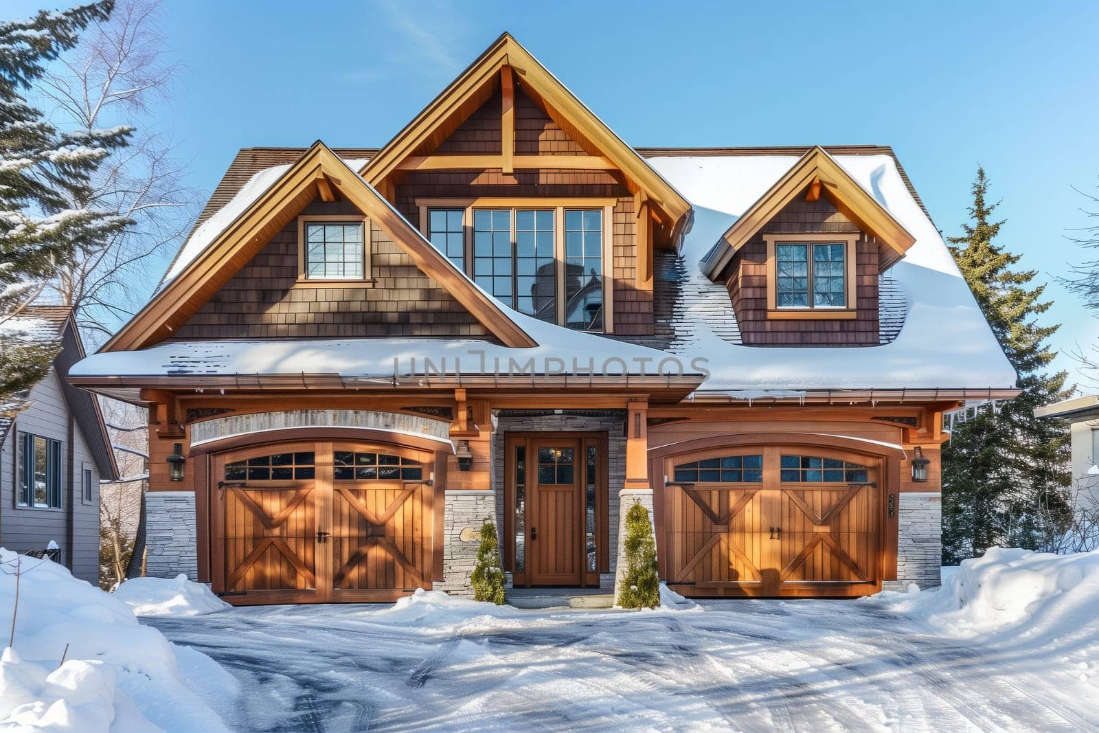 A building in a residential area with a snowy facade, two garage doors, and windows covered in snow. Nearby trees and a cloudy sky complete the wintry scene