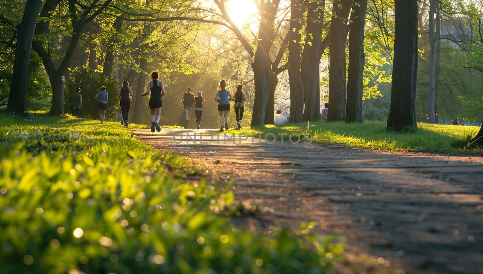 A group of individuals is strolling along an asphalt road in the park, surrounded by lush natural landscape with trees, plants, and grass lawns