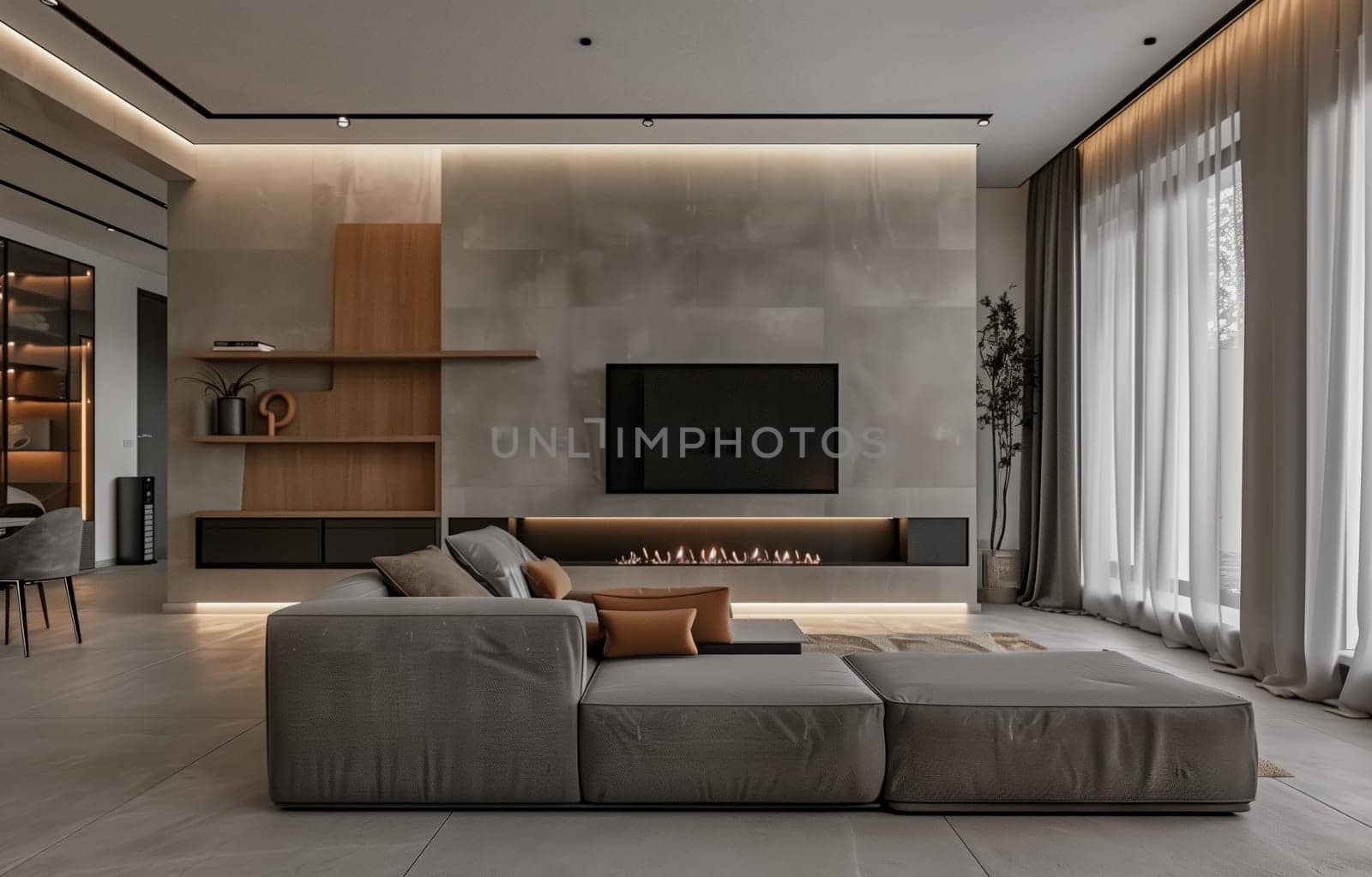 A cozy living room in a building with hardwood flooring and a comfortable couch, featuring a wallmounted television. The house offers comfort and a relaxing environment
