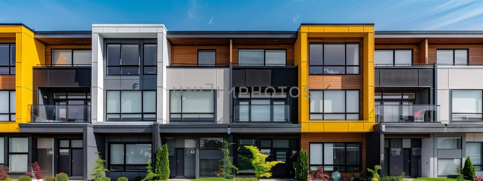 A row of vibrant apartment buildings with numerous windows showcasing plant fixtures against the urban design backdrop. Trees and grass adorn the facade under the blue sky