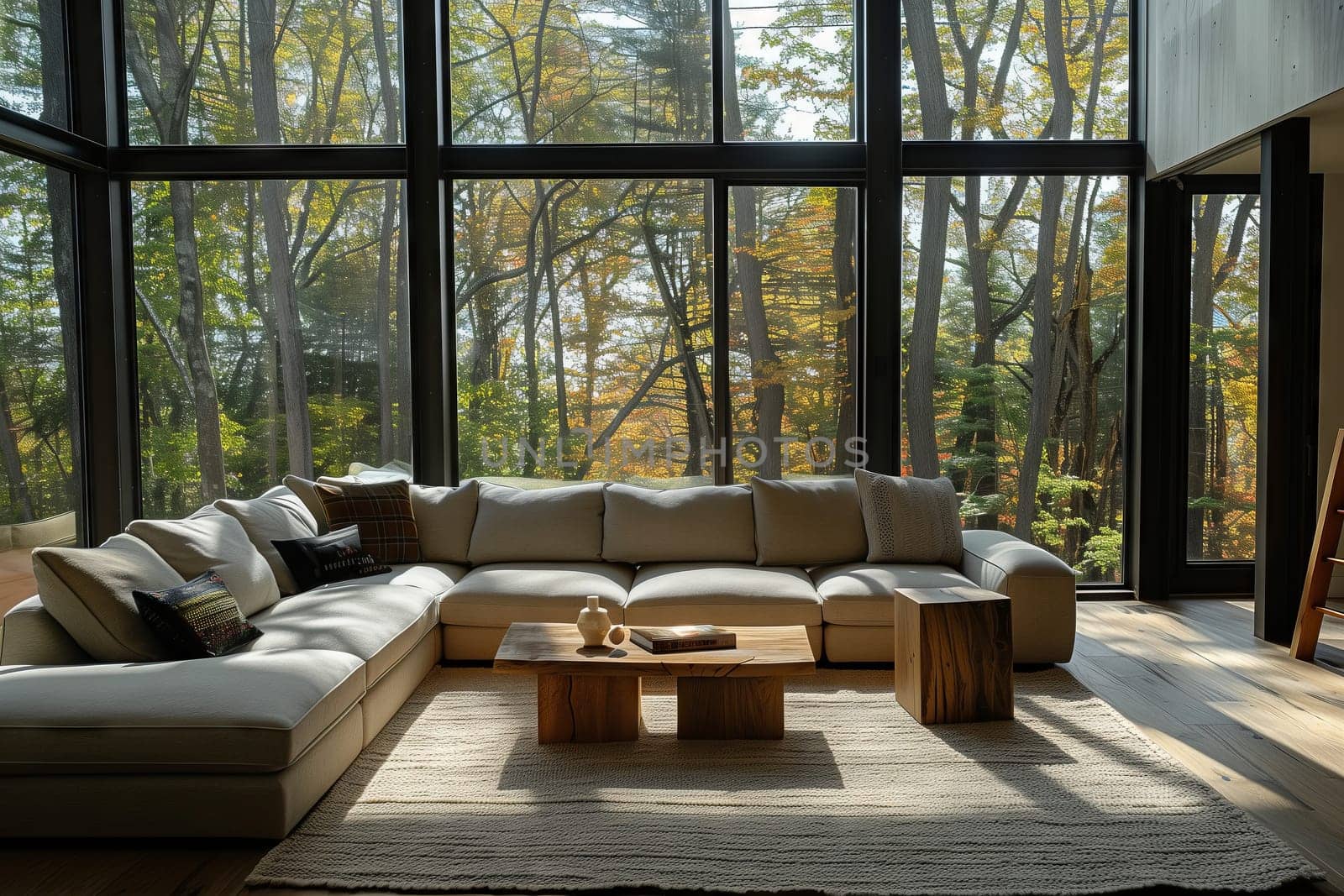 The living room features a building with a large sectional couch made of wood, a coffee table, and plants next to the window. Interior design includes tree patterns on the floor