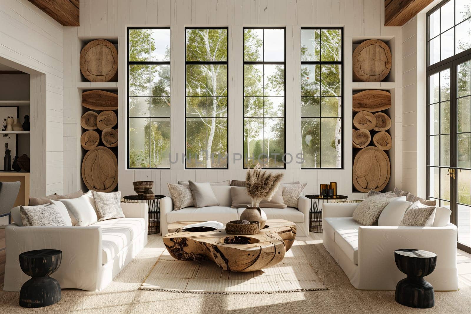 This living room in a building property features two couches, a coffee table, picture frames on the walls and plenty of windows allowing natural light to illuminate the space