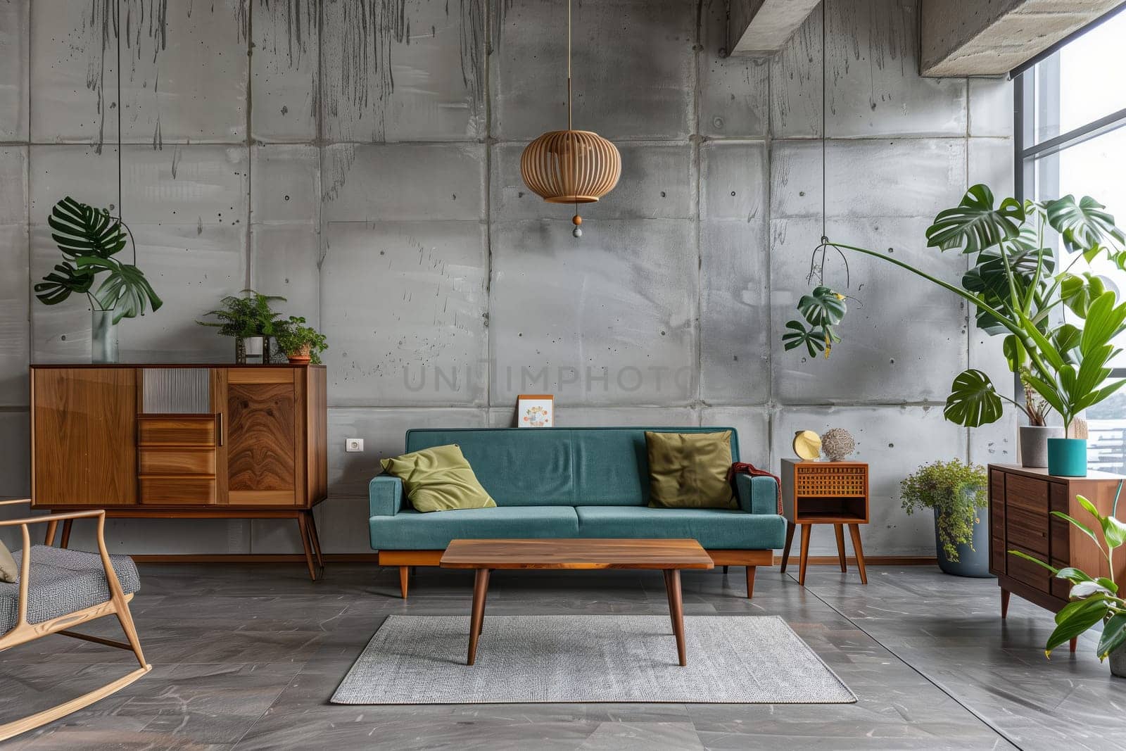 A cozy living room in a house with a couch, table, chair, and plants in flowerpots. The interior design features wood furniture and flooring