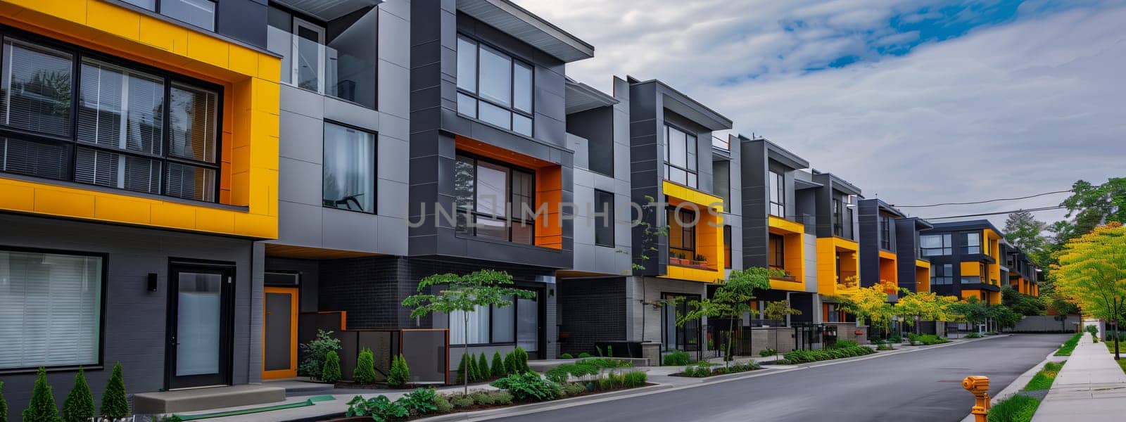 A row of apartment buildings line the sidewalk in an urban neighbourhood, set against a cloudy sky. Plants and fixtures adorn the windows of each building, with asphalt paving the way