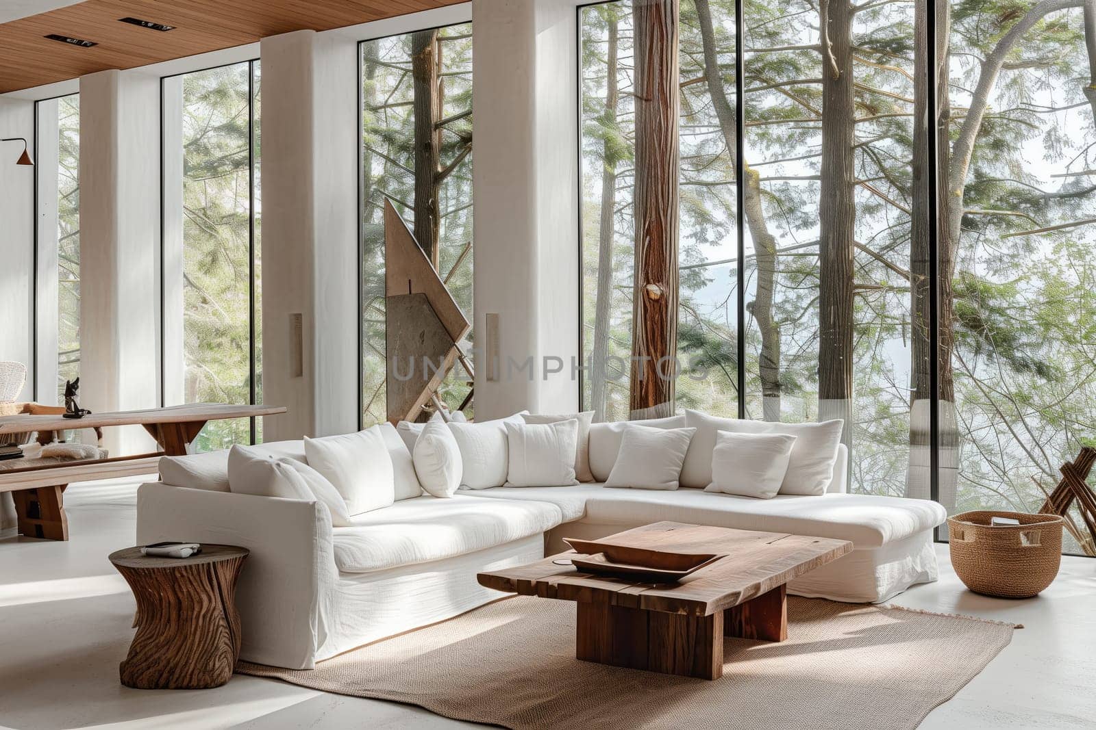 A cozy living room with a comfortable couch, coffee table, and large windows providing a view of the building. Hardwood flooring and wooden fixtures add a touch of warmth and comfort