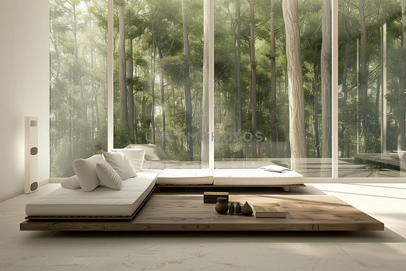A cozy living room featuring a hardwood floor, a comfortable couch, and a large window with a view of trees in the background. Interior design with a touch of nature
