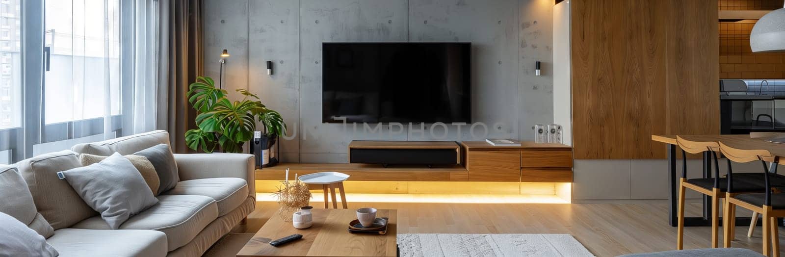 A living room in a building with hardwood flooring, featuring a couch and a flatscreen TV mounted on the wall